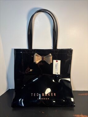 NWT Ted Baker Black Patent Icon Tote Bag with Gold Bow